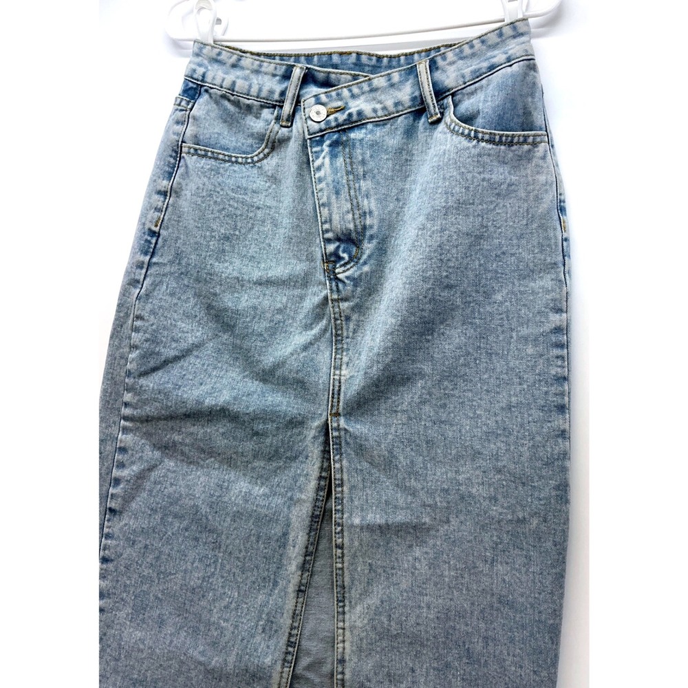 Light Wash Denim Midi Skirt Sz S Asymmetrical Waist Raw Hem Y2K Grunge - Picture 5 of 9